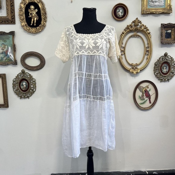 Vintage Dresses & Skirts - Vintage Antique Cream and White Crochet Detail Dress sheer lingerie